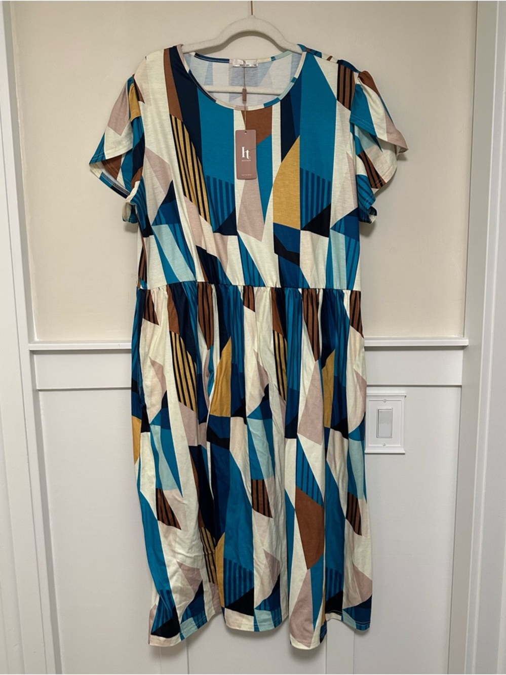 Women’s XXL Geometric Print Midi Dress (Blue, Cream, Yellow, Brown)